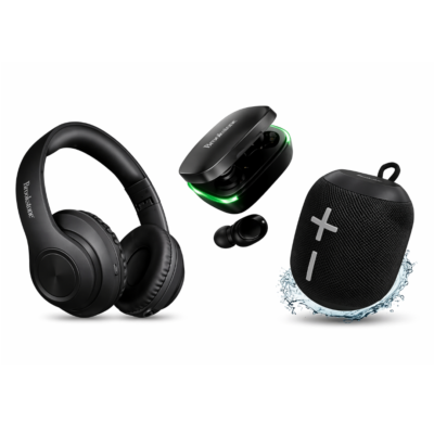New BROOKSTONE Triple Wireless Audio Kit Headphones, Ear Buds, Portable Speaker